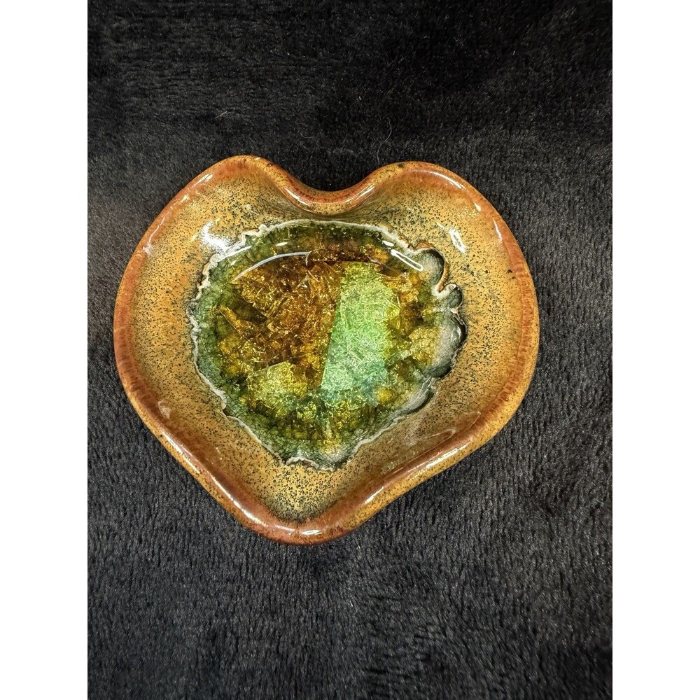 Handmade Pottery USA Green Tan Heart Geode Trinket Dish Crackled Fused Glass